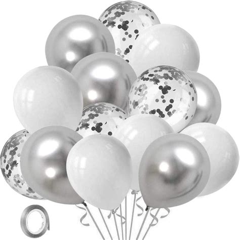 White Silver Confetti Party Balloons 50 Pcs 12inch White Pearl Silver