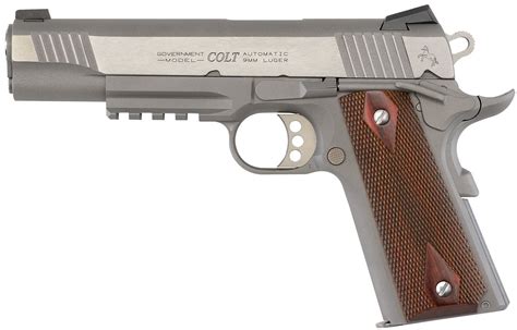 Colt 1911 Stainless 9mm Rail Gun With Diamond Checkered Rosewood Grips