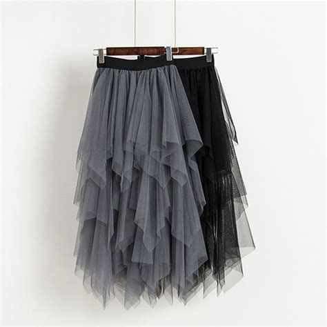 Tulle Skirts Women High Waist Mesh Skirt Hem Asymmetrical Pleated Midi
