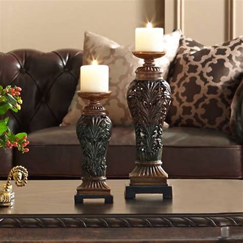 flora carved pillar candle holder set
