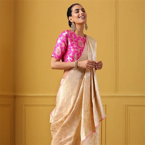 Handwoven Gold Tissue Jangla Saree With Pink Selvedge Weaverstory