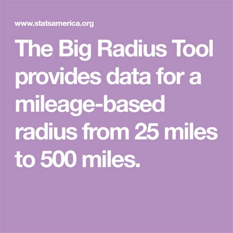 This allows you to find out where they intersect, and what areas are not within the radius of any of your locations. The Big Radius Tool provides data for a mileage-based ...