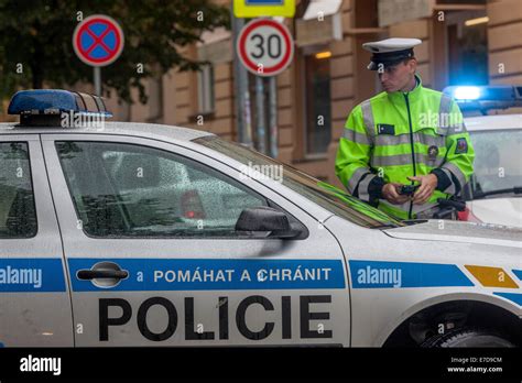 Czech Traffic Police Officer Police Car Prague Czech Republic Stock Photo Alamy