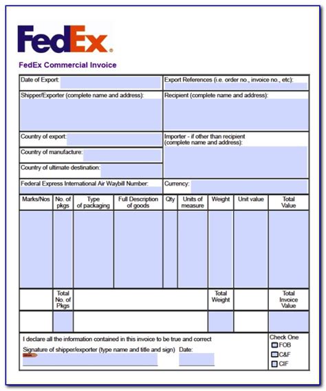 16 Printable Commercial Invoice Template Fedex Forms