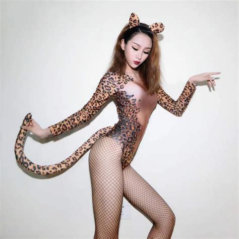 Female Sexy Leopard Printing Costumes Leotard Sparkly Stones Jumpsuit Club Bar Party Role