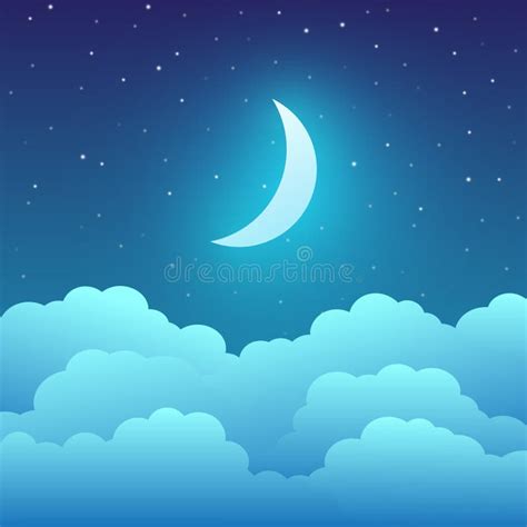 Crescent Moon With Clouds And Stars In The Night Sky Stock Vector