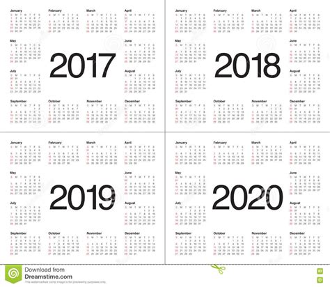 Simple Calendar Template For 2017 To 2020 Stock Vector Illustration