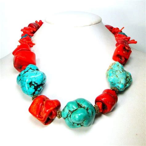 Red Coral Turquoise Necklace Oversized Nuggets And Frangia Branch