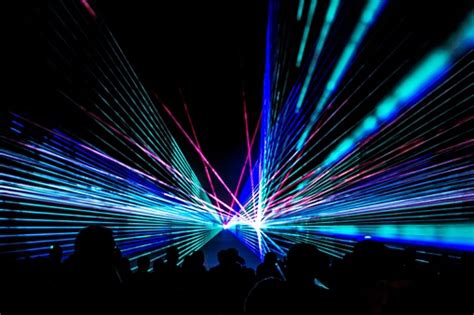 Colorful Laser Show Nightlife Club Stage With Party People Crowd Stock