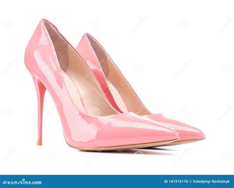 Pastel Pink Patent High Heel Women Heels Shoe Isolated On White Stock
