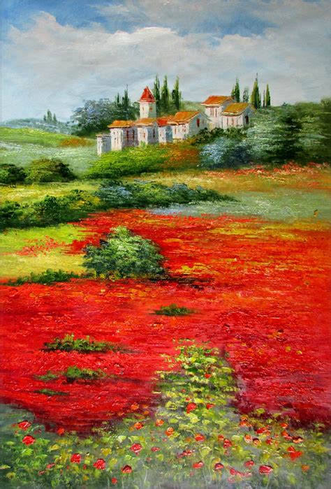 Framed Tuscany Italy Landscape Poppy Field 1 Hand Painted Oil