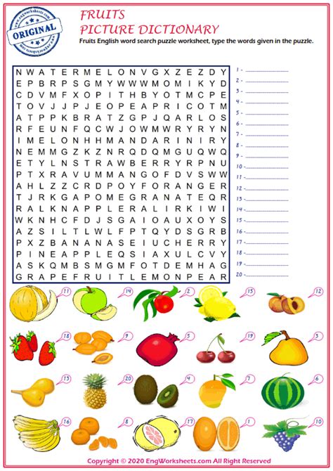 Fruits Esl Printable Picture Dictionary Worksheet For Kids Image