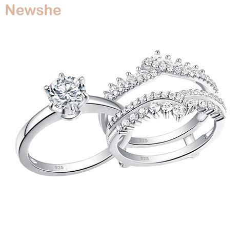 Newshe 2 Pcs 925 Sterling Silver Wedding Rings Set For Women Solitaire