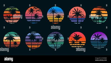 retro 80s sunsets with palm trees silhouettes for t shirt prints vintage surf design tropic