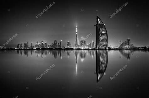 Dubai Skyline Reflection During Amazing Night Black And White Dubai