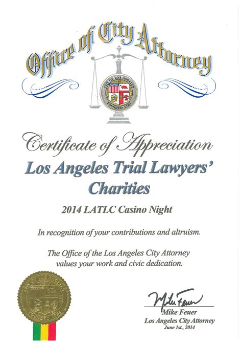 City Of Los Angeles City Attorney Certificate Of Appreciation Octlc