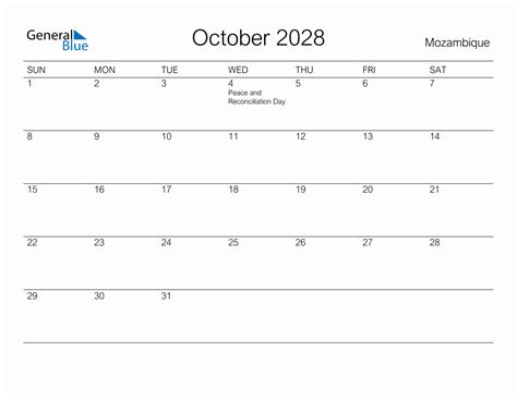 Printable October 2028 Monthly Calendar With Holidays For Mozambique