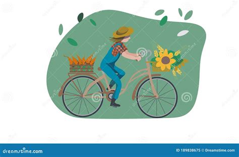 Girl In Gardener Uniform Hat Rides A Bicycle With Vegetables Stock