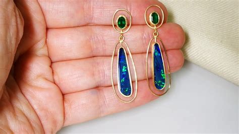 Emerald And Opal Pear Dangle Earrings In 18k Yellow Gold