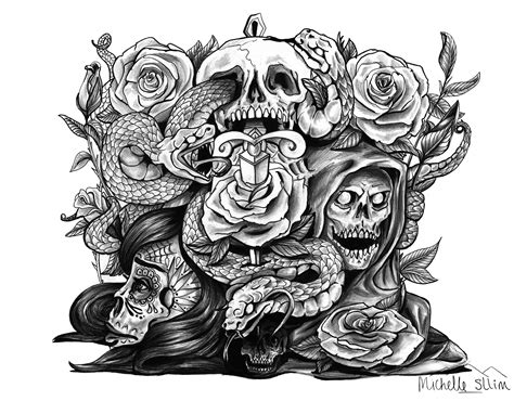The seven deadly sins meliodas with dagger coloring pages. Sugar Skull girl roses rose skull dagger knife dead snake ...