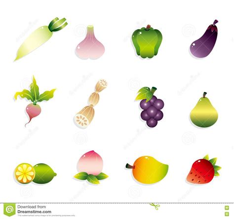 Cartoon Fruits And Vegetables Icon Set Stock Vector