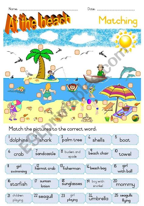 At The Beach Matching Ws Esl Worksheet By Joeyb1