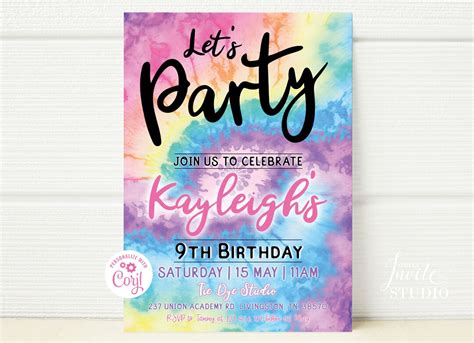 Tie Dye Party Invitation Rainbow Tie Dye Birthday Invitations Editable