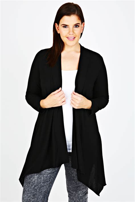 black edge to edge waterfall jersey cardigan with lace insert plus size 16 18 20 22 24 26 28 30 32