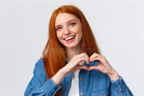 Happy Valentines Day Love Cute And Tender Romantic Redhead Girlfriend Showing Heart Sign