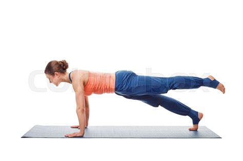 Woman Doing Hatha Yoga Asana Utthita Chaturanga Dandasana Stock Image