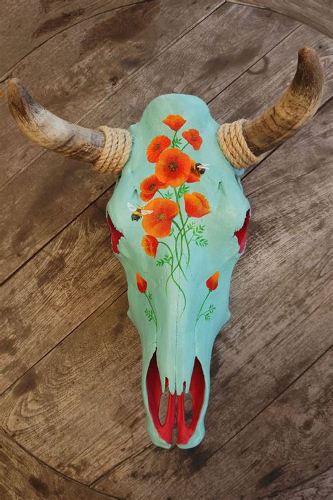 Painted Cow Skullfloral And Bumblebee Design Etsy Skull Crafts