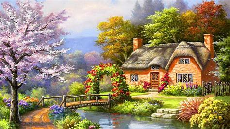 Spring Creek Cottage River Painting Cottage Spring Tree Hd