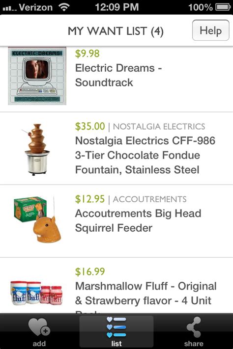 Go to the app store. I Want Wish List, An App to Keep Track of Things You Love