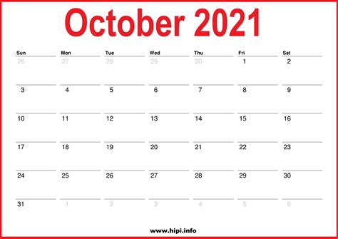 2021 Monthly Calendars October November December 2021