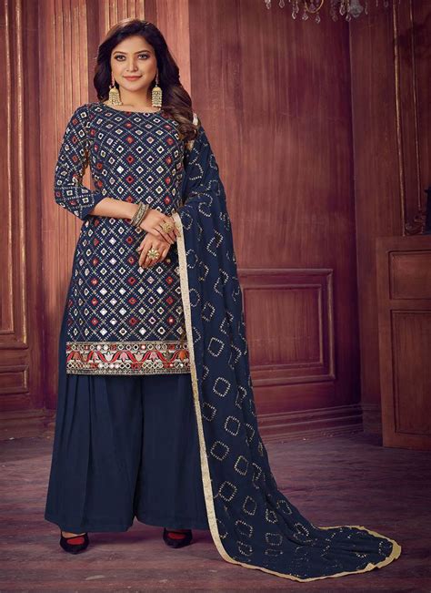 Blue Heavy Sequance Mirror Embroidery Work Faux Georgette Unstitched Long Length Kameez Plazzo