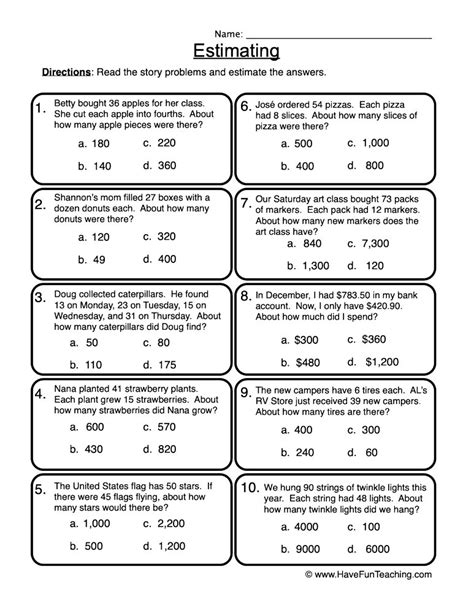Estimation Multiple Choice Worksheet By Teach Simple