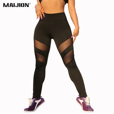 Maijion Sexy Women Mesh Patchwork Running Pants High Waist Sports Fitness Leggings Ladies
