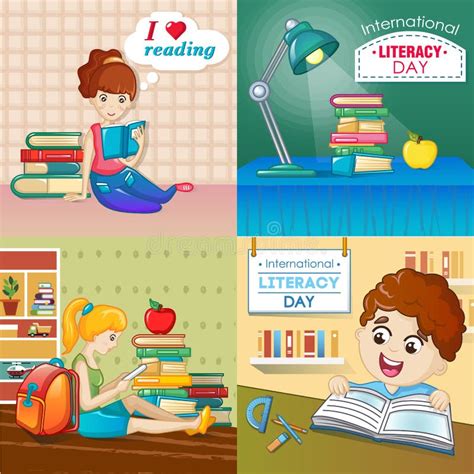 Literacy Day Book Banner Set Cartoon Style Stock Vector Illustration