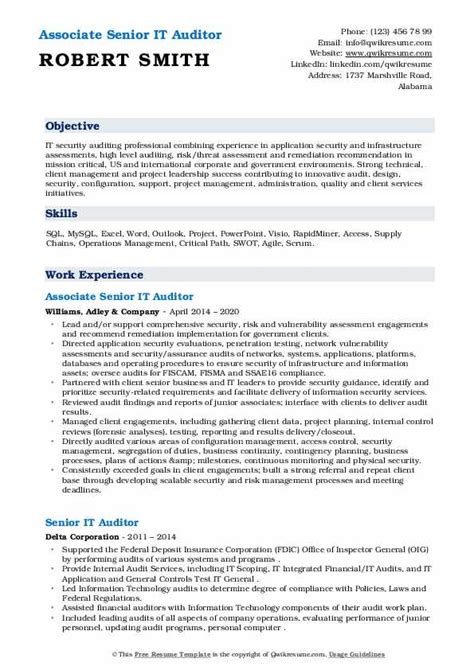 That means showing your personality, not just your professional experience. Senior IT Auditor Resume Samples | QwikResume