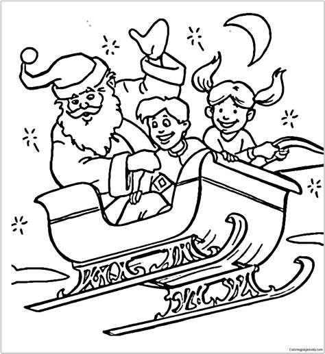 Santa Claus And Children Flying in Sleigh Coloring Page - Free