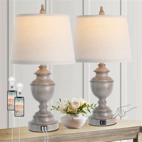 Gray Table Lamps For Bedroom Set Of 2 With Usb Port Vintage 3 Way
