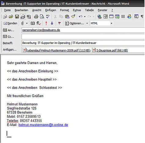 Kurzes Anschreiben Email Bewerbung Muster