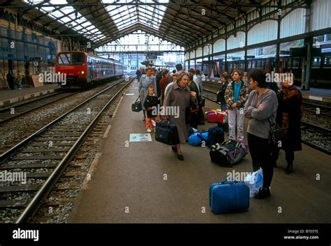 French People Passengers Train Platform Train Station Train Travel