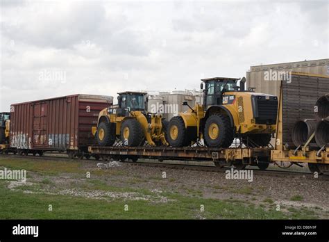 Caterpillar Cat Construction Vehicles On Bnsf Freight Train At Saginaw