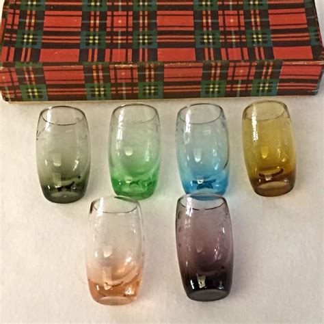 6 Vintage Multi Colored Shot Glasses Set Etched Original Box Japan Glass Glass Shot Glasses