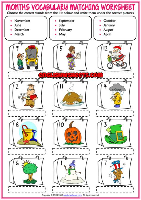 Months Esl Vocabulary Matching Exercise Worksheet For Kids