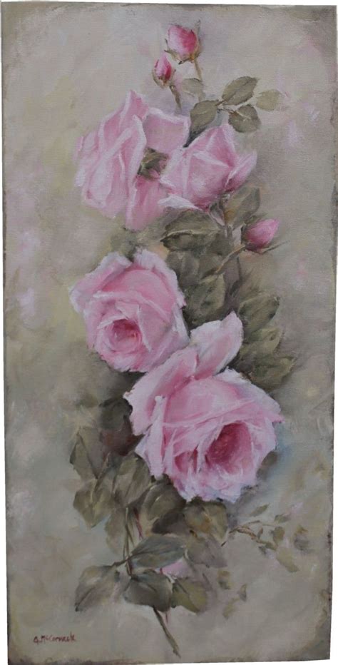 A Painting Of Pink Roses On A White Background
