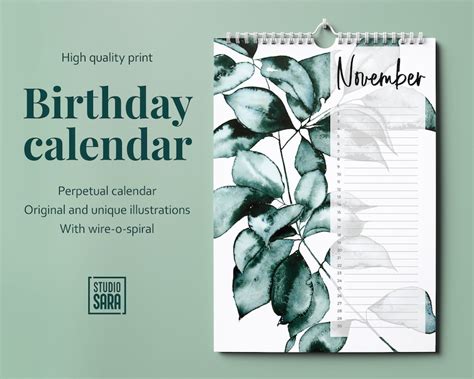 Perpetual Birthday Calendar Floral Wall Calendar Wall Etsy