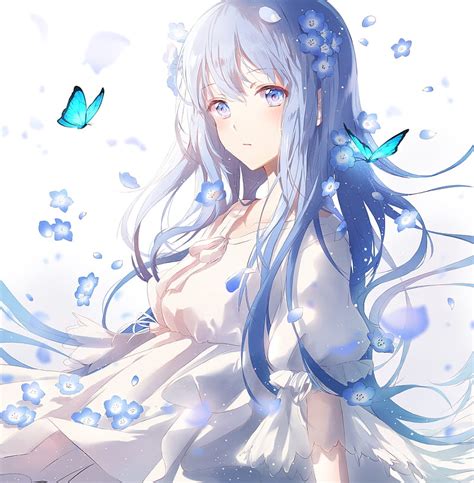 Anime Girl Butterflies Blue Hair Dress Flowrs Anime Hd Phone Wallpaper Peakpx