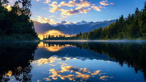 Lake Matheson New Zealand Morning Trees Clouds Sky Mountains